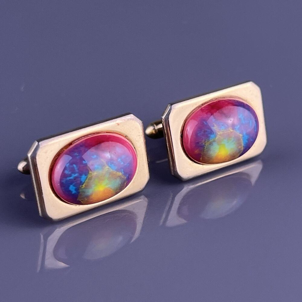 Pink Blue Yellow Art Glass Cabochon Cufflinks Gold Tone Oval Speckled Vintage
